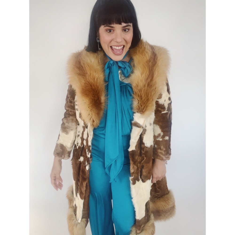 Vintage 70s RARE Cowhide Fur Trim Cuffs Coat S M L - Picture 8 of 8